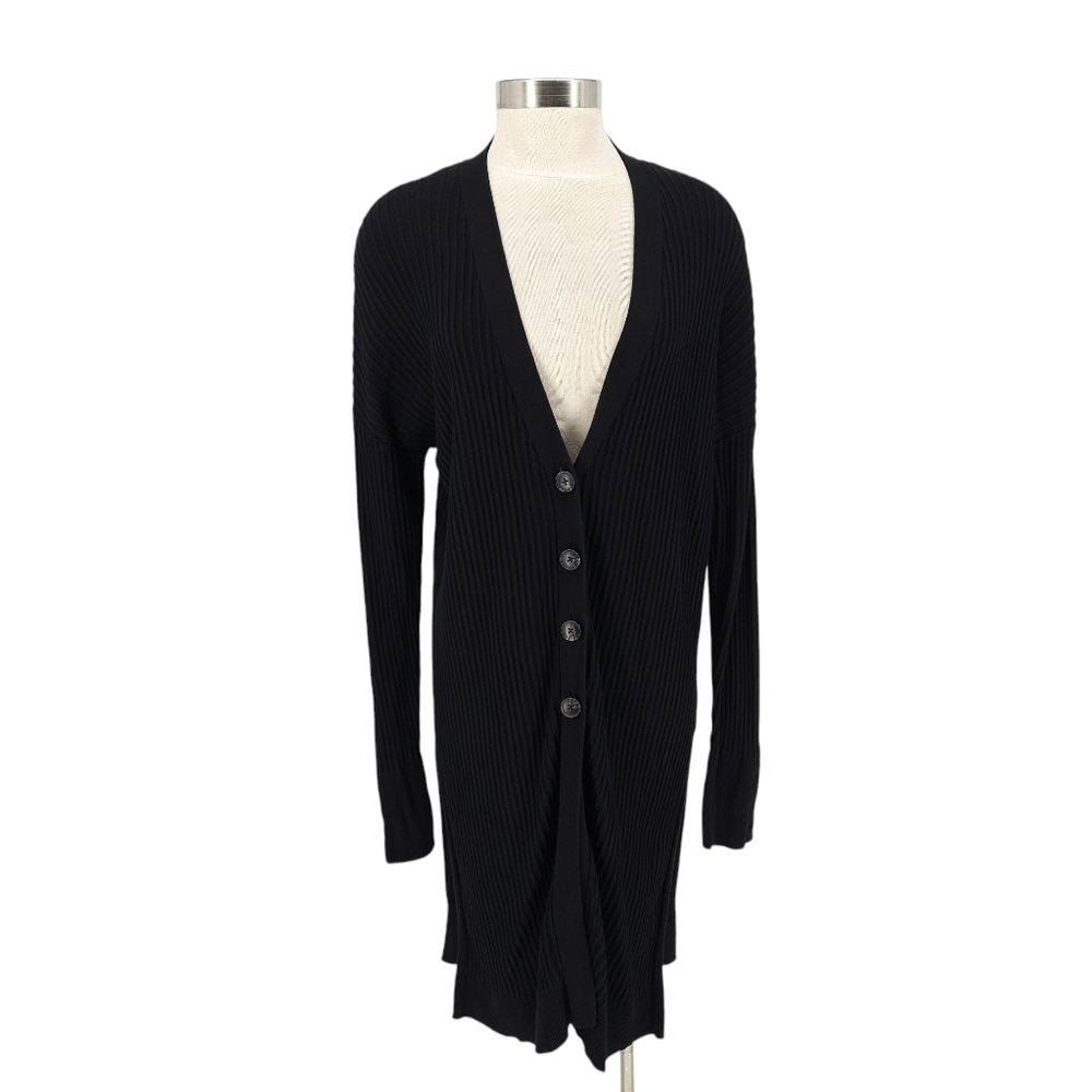 John + Jenn Tunic Sweater Cardigan Black Long Sleeve Rib Knit VNeck Button Large